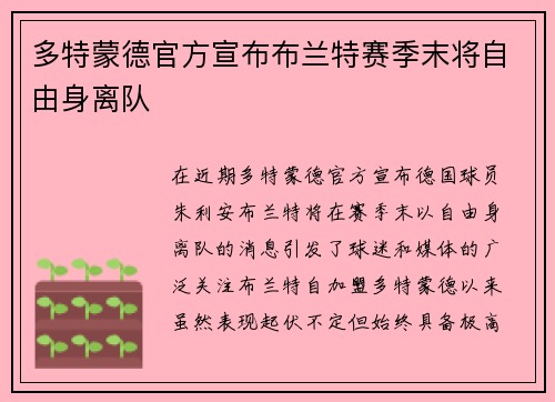 多特蒙德官方宣布布兰特赛季末将自由身离队